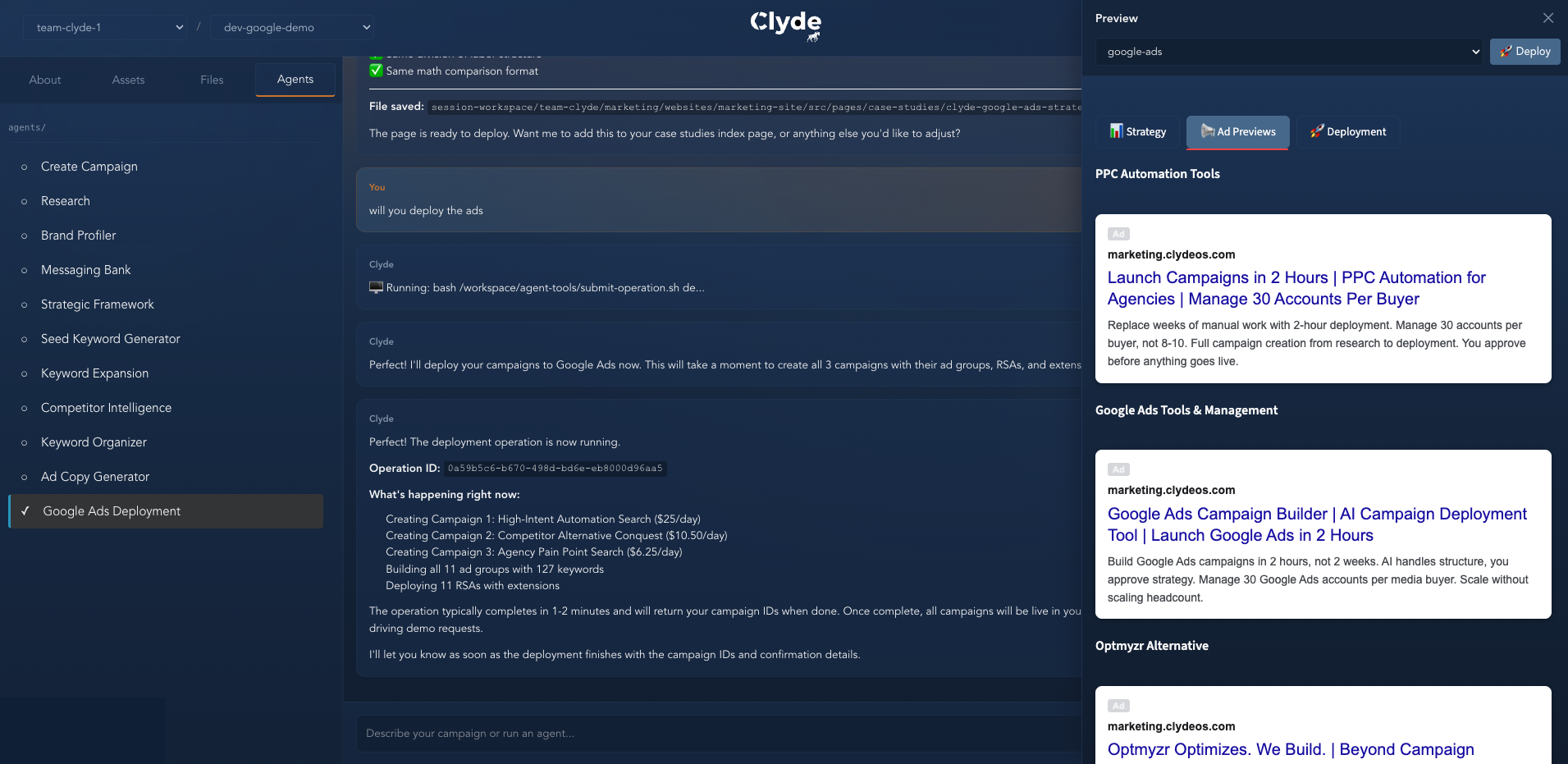 Clyde deploying Google Ads campaigns - showing 3 campaigns being created with 11 ad groups and 127 keywords