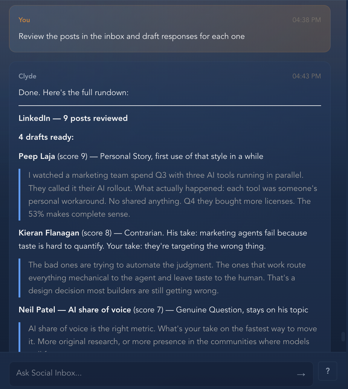 Clyde AI reviewing 9 posts, scoring opportunities, drafting 4 comments